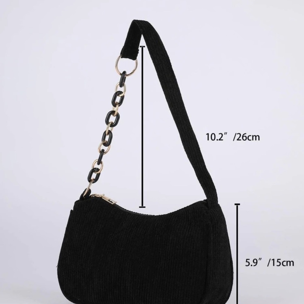 Black Corduroy Velvet Shoulder Bag withChain Strap Detail + Gold Hardware NWOT - Picture 8 of 8